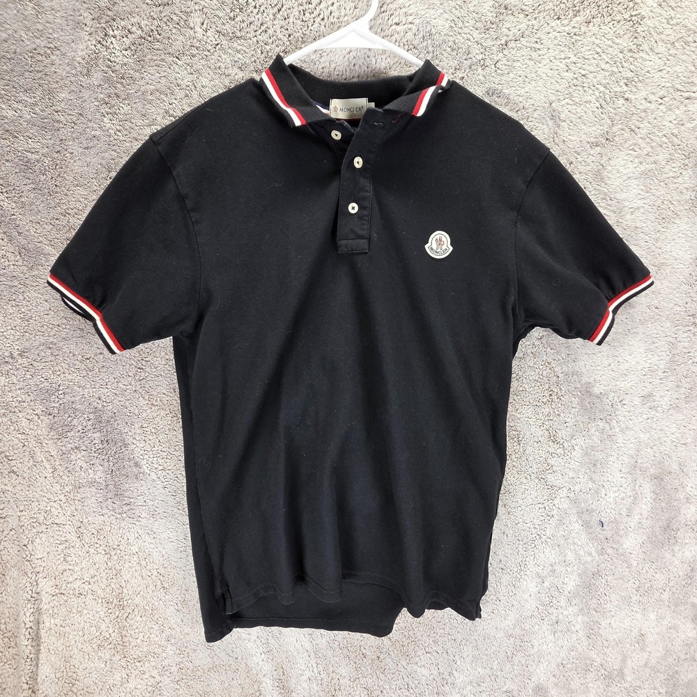 Moncler Shirt Mens Medium Black Polo Logo Trim Short Sleeve Tricolor Pique Knit